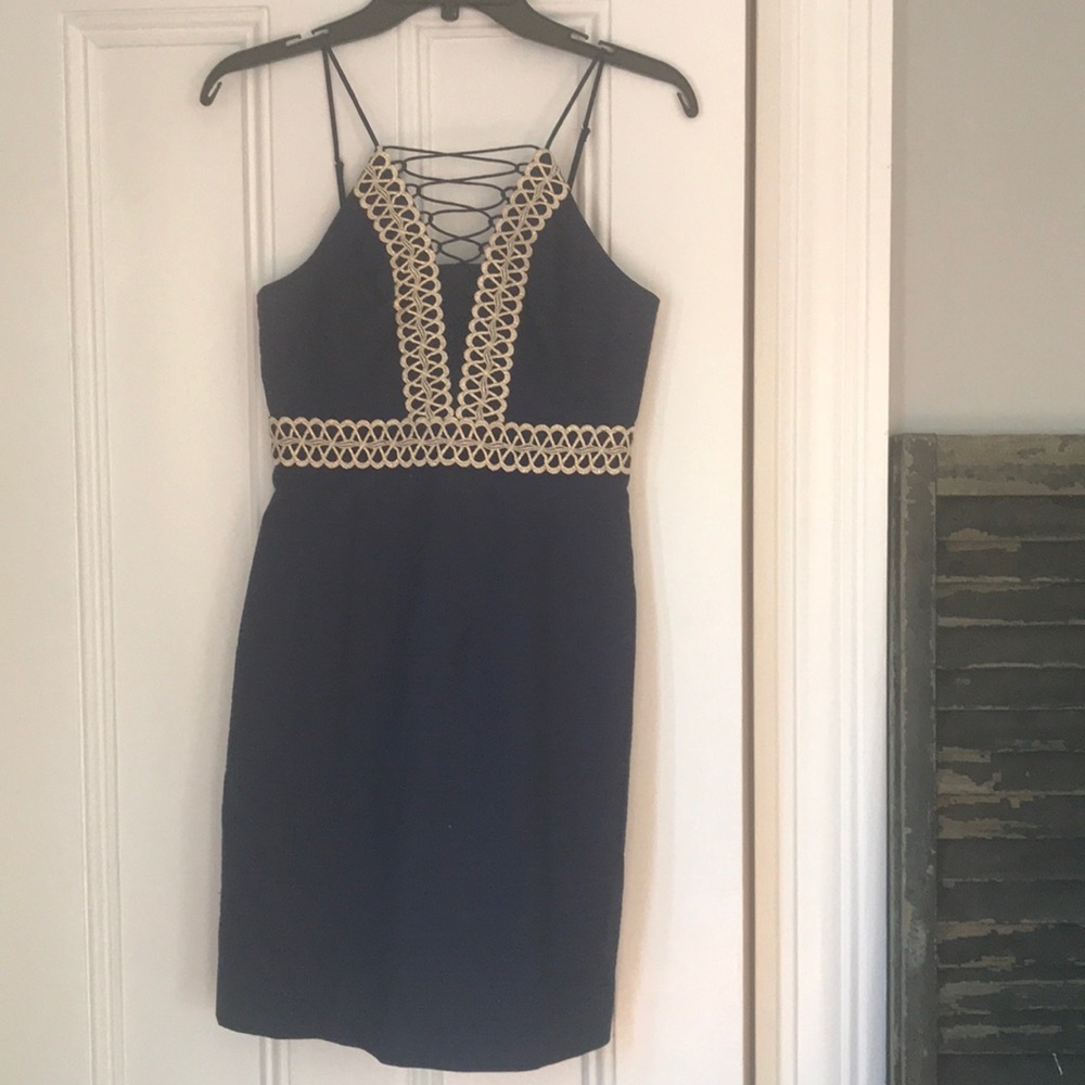 Lilly Pulitzer blue and gold dress.